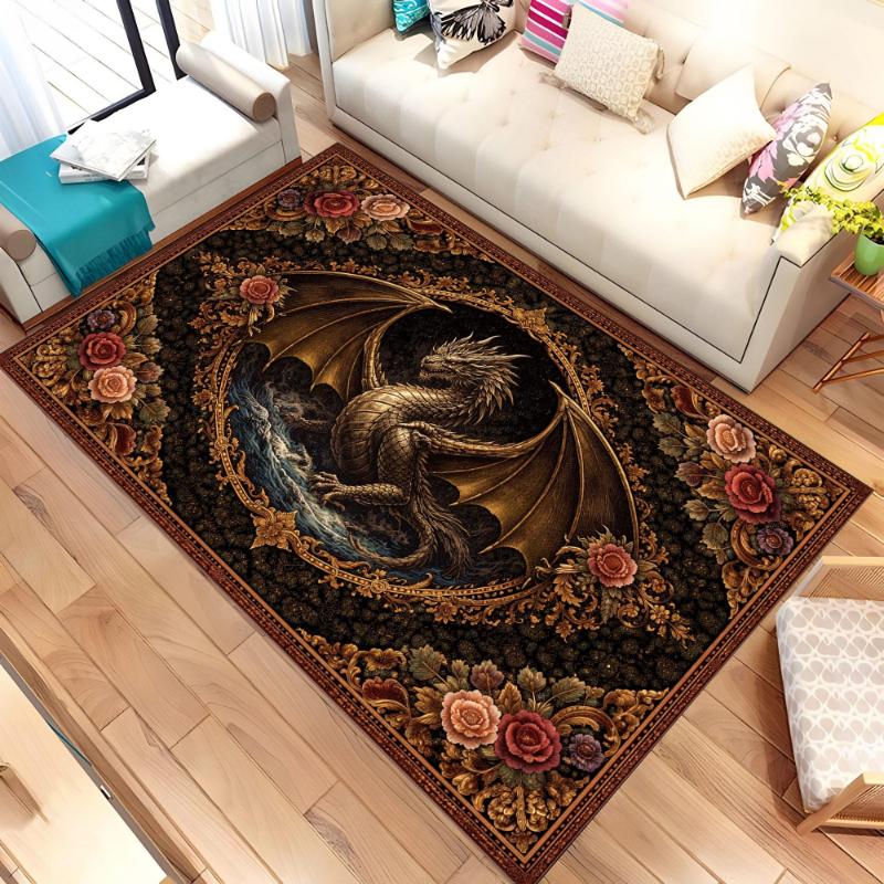 Golden Dragon Vintage Floral Frame print Carpet,Bedside Bedroom,Studio,Sofa Living Room Mat,Welcome Rug,Washable rug,Surprise