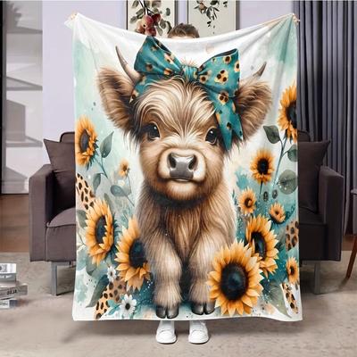 1 шт. Милый флисовый плед с подсолнухом и горным коровом - Удобный мягкий полиэстеровый плед для кровати, дивана и офиса
