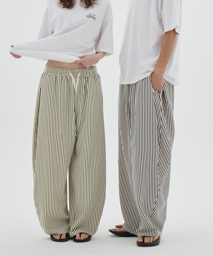 URBANAGE [2Pack] Balloon Fit Curved Stripe Pintuck Elastic Pants_3Color (B Type)