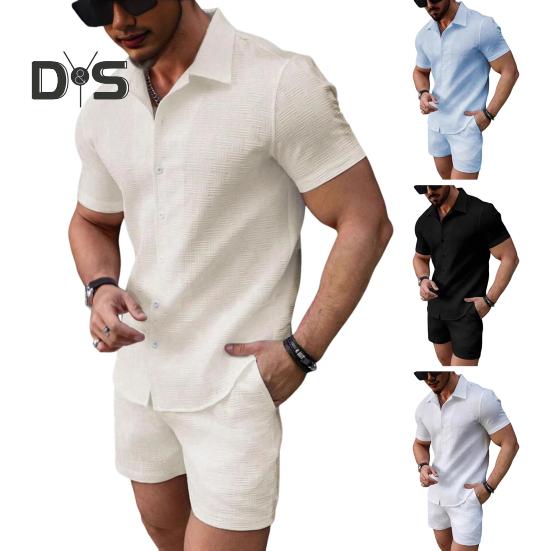 2 шт./комплект мужской наряд рубашка с коротким рукавом и лацканами топы эластичный шнурок на талии карманы шорты комплект однотонный пляжный наряд
