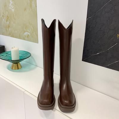 Сапоги женские на толстой подошве, но до колена 2025 года, новые осенне-зимние рыцарские сапоги с V-образным вырезом, эластичные тонкие сапоги, высокие сапоги