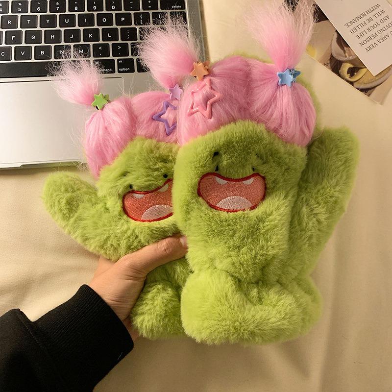 Funny Pigtails Plush Gloves Female Winter Cute Student Neck All-inclusive Finger Plush Warm Riding Cold