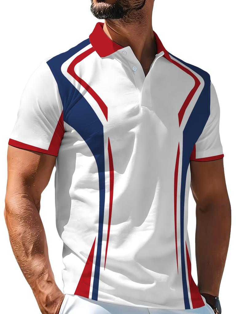 Summer Stylish Men's Short-Sleeve Knit Casual Shirt, Mature Geometric Stripe Business Lapel Sport Fabric T-Shirt