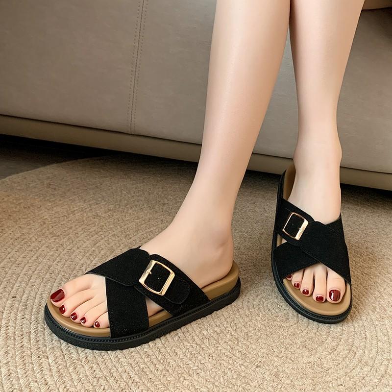 Women's Fashion Flat Slippers Summer New Round Head Open Toe Suede Metal Buckle Anti-slip Wear-resistant Sandals