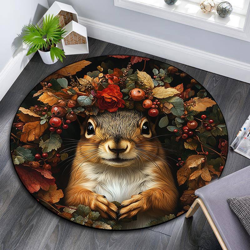 Autumn Squirrel Round Area Rug,Carpet Rug for Living Room Bedroom Sofa Playroom Decor,Non-slip Floor Mat