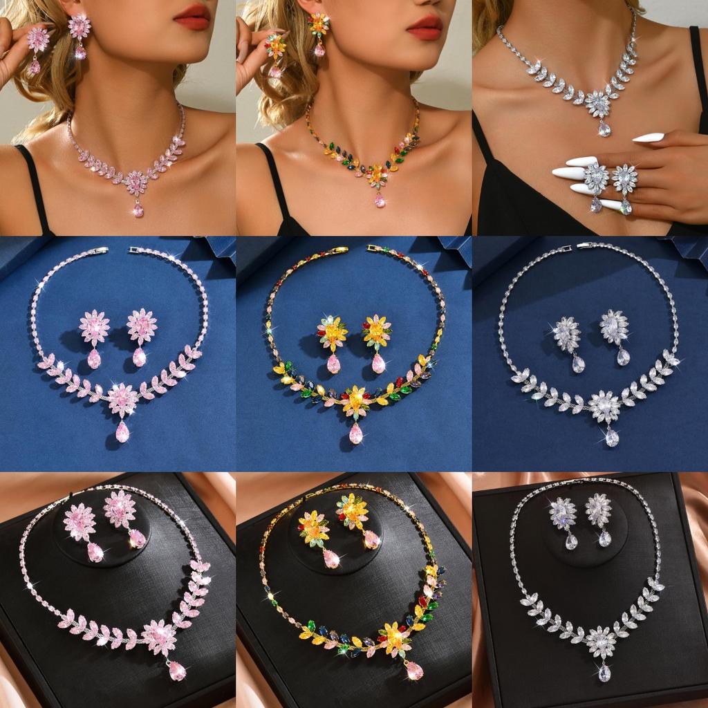 Sweet and lovely zircon flower wheat ear necklace earrings, bride's wedding dress, banquet party jewelry, jewelry set