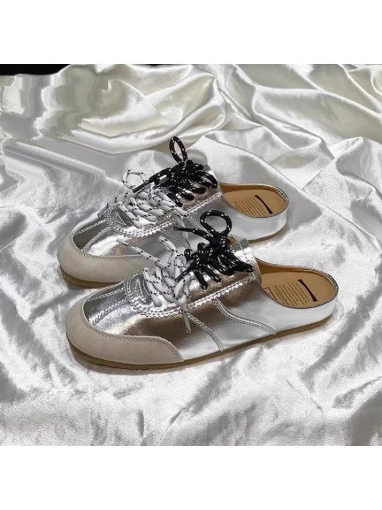 Модные женские летние полушлепанцы Baotou для улицы 2025 Новые с двойной шнуровкой, ленивые, на каблуке на одну ногу, крутые шлепанцы