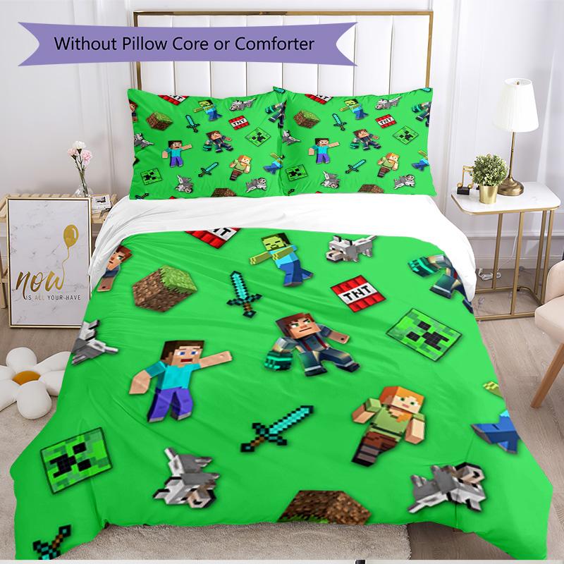 3pcs Duvet Cover Set (1*Duvet Cover + 2*Pillowcase, Without Core), Minecraft Print Soft All‑Season Bedding Set, Home Bedroom Decor Gift