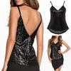 Women Top Low-cut V Neck Adjustable Spaghetti Strap Shiny Sequin Backless Sleeveless Solid Color Loose Performance Dance Club Party Tank Top Camisole