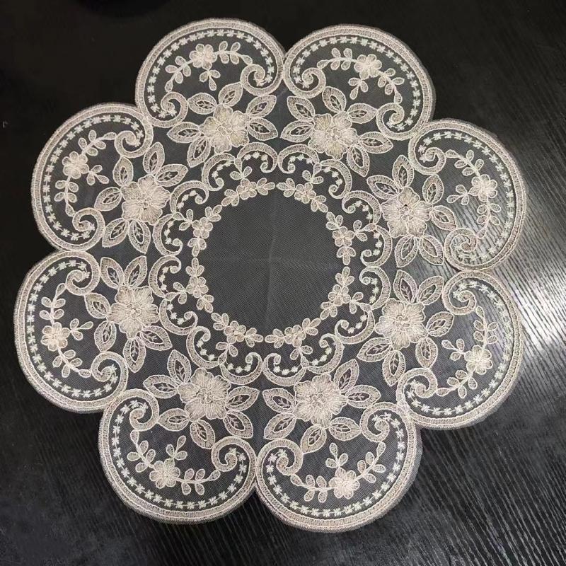 European Round Embroidery Lace Table Mat Living Room Bedroom Study Nightstand Cover Cloth Coaster Fruit Tray Kitchen Decoration