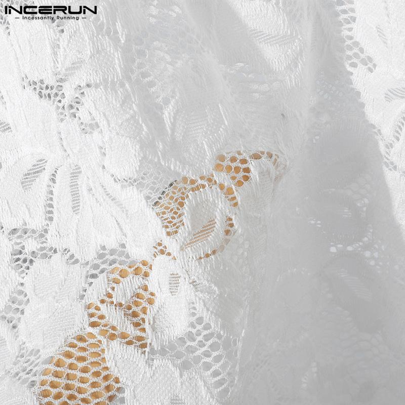 INCERUN Летние мужские кружевные сетчатые прозрачные футболки с коротким рукавом с лацканами и короткими рукавами