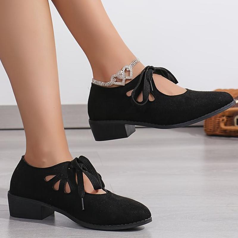 Faux Suede Mid Heel Pumps Women Hollow Out Lace Up Loafers Shoes Woman 2025 Pointed Toe Plus Size Heels Shoes Ladies