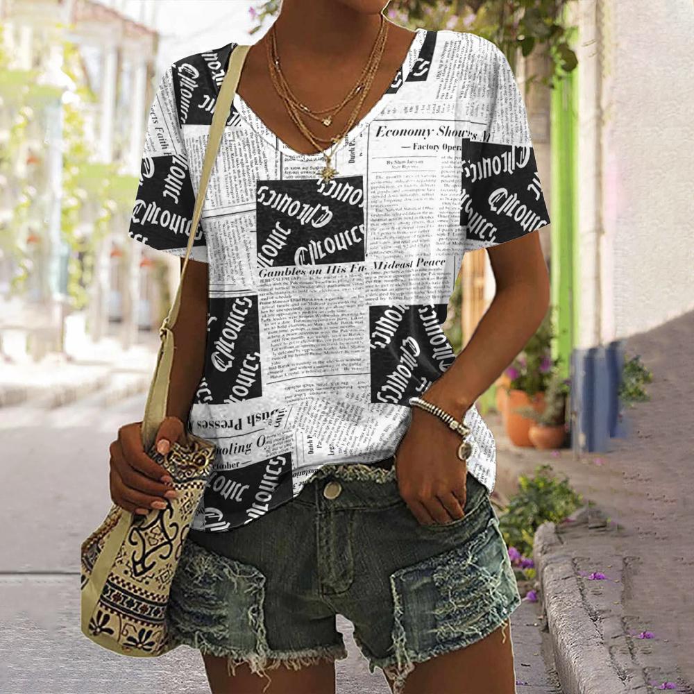 Винтажные черно-белые женские футболки с буквенным принтом, женский топ с v-образным вырезом, рубашка больших размеров, летняя женская одежда, повседневная одежда