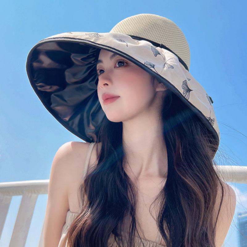 Big brim bucket hat vinyl sun hat bow hat summer big head circumference sun hat women's beach hat