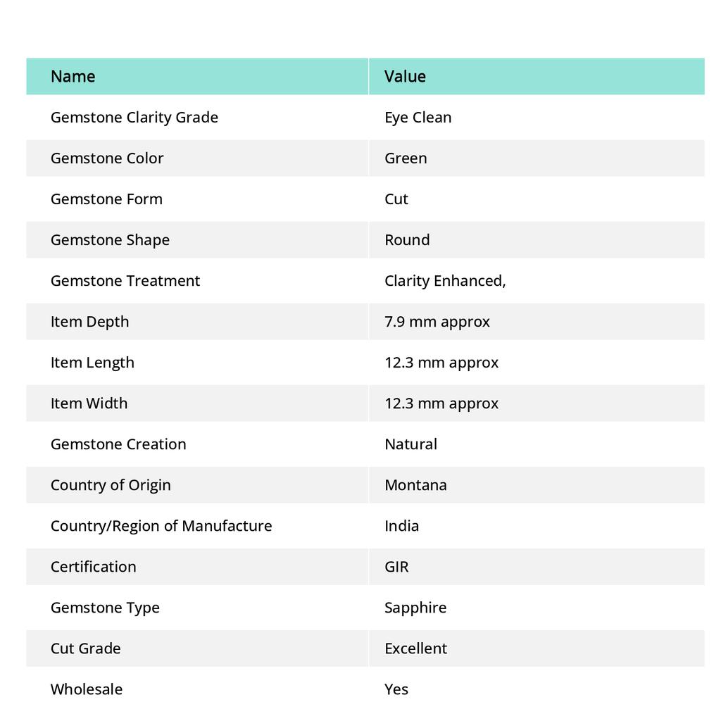 8.85 Ct Natural Montana Sapphire Round Cut CERTIFIED Loose Gemstone Bluish Green A-2830