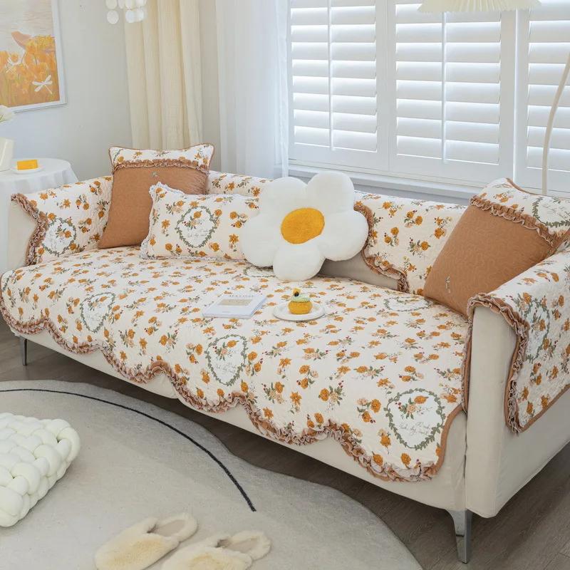 Pure Cotton Simple Dustproof Sofa Mat Retro Small Floral Comfortable Cushion Four Seasons Universal Anti Slip Couch Cover Cloth