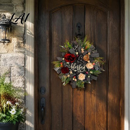All Season Floral Decor Fall Leopard Print Wreath for Front Door Artificial with Home Blessed Sign Faux Peony Flower Wall Hanging Thanksgiving