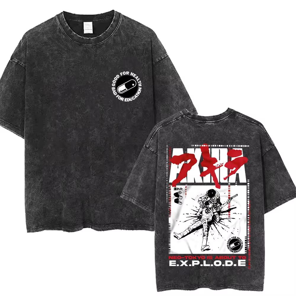 2026 Summer Fashion Trendy Tee Washed Retro Japanese Anime Akira Print Cotton Men Woment Tshirt Y2k Hip Hop Streetwear Tshirt