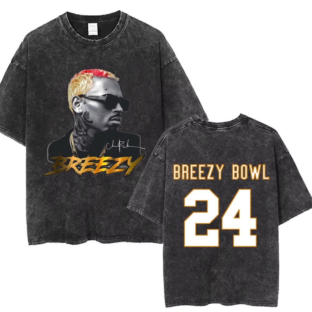 retro Washed Chris Brown Breezy Bowl XX Tour Graphic T Shirts Men Hip Hop Fashion Casual Tshirts Unisex Summer Cotton tees