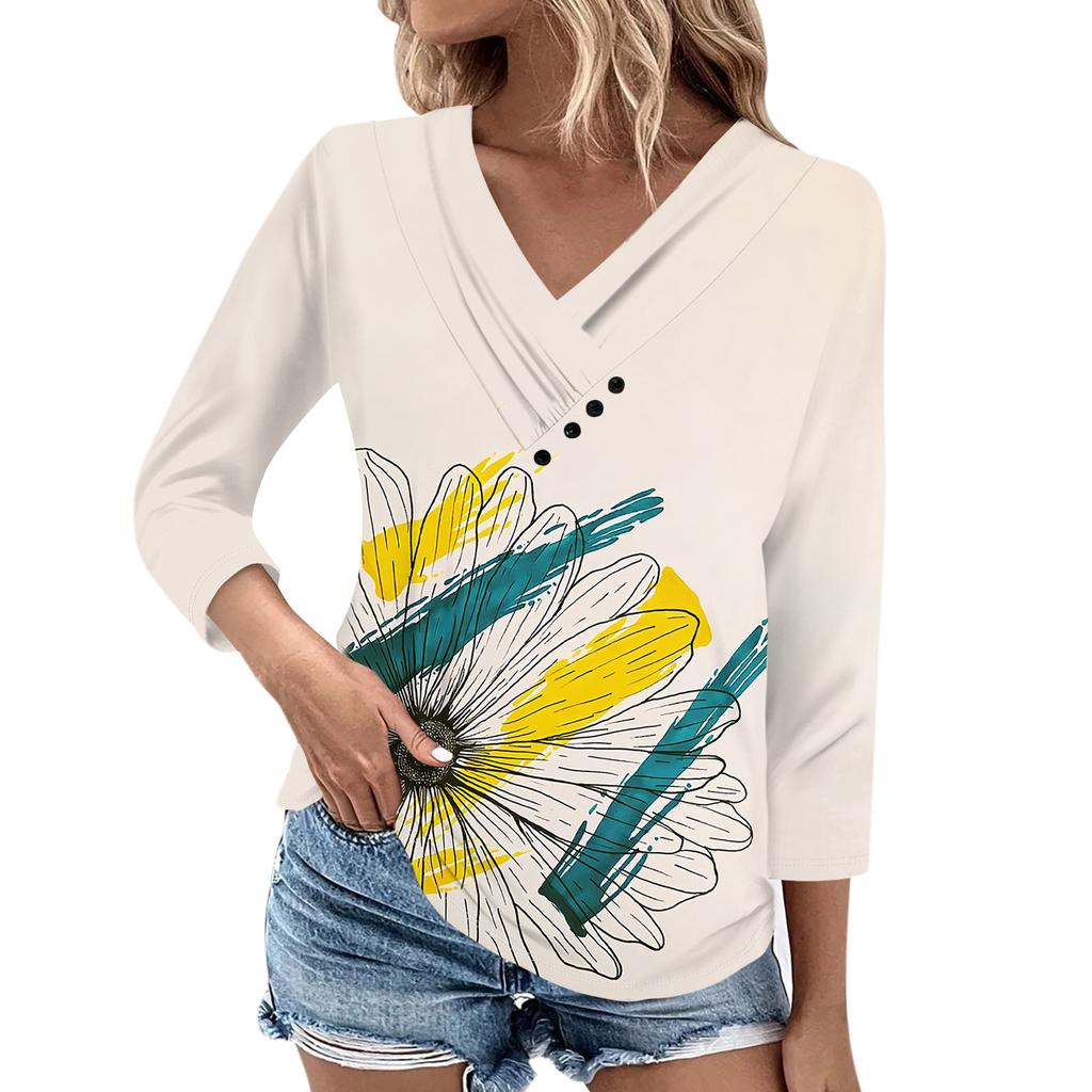 Womens 3/4 Sleeve Daily Weekend V Neck Casual Printed Tshirts Loose Fit Pleated Tees Ladies Blouse