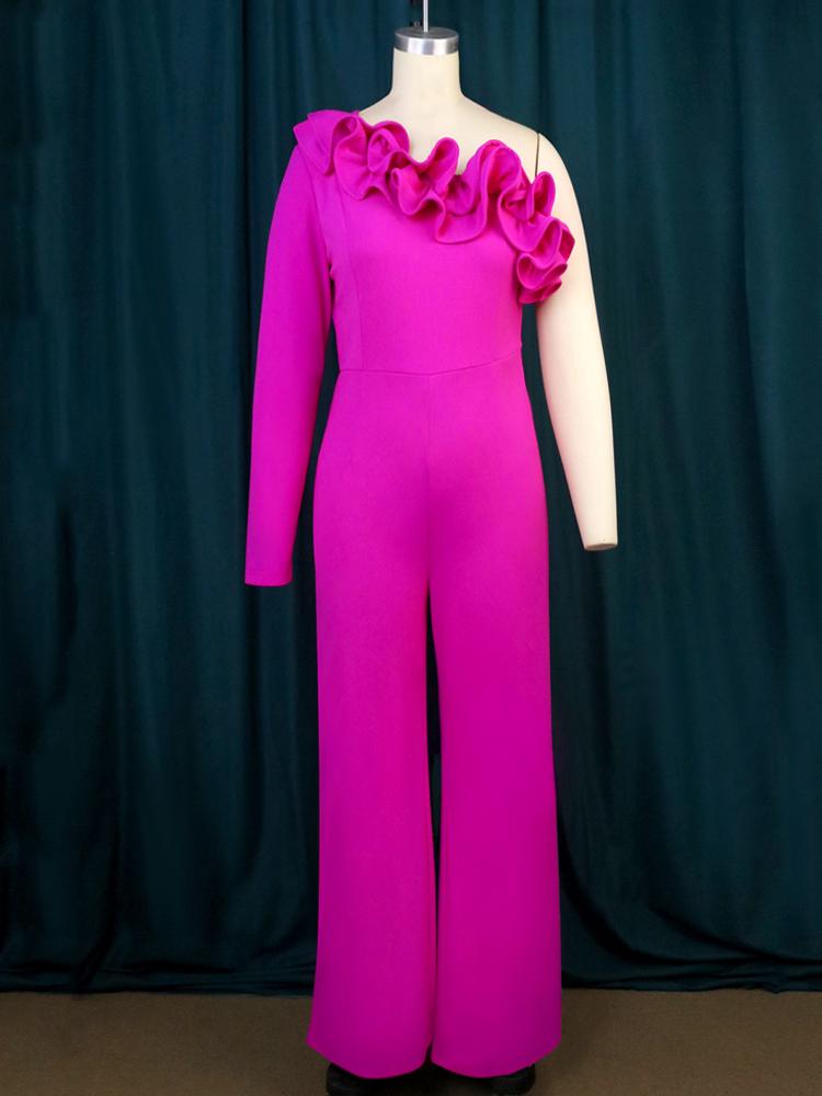 AOMEI Облегающие комбинезоны для женщин с оборками на одно плечо и длинным рукавом с высокой талией Fushcia Вечерний комбинезон для дня рождения, события, большие размеры