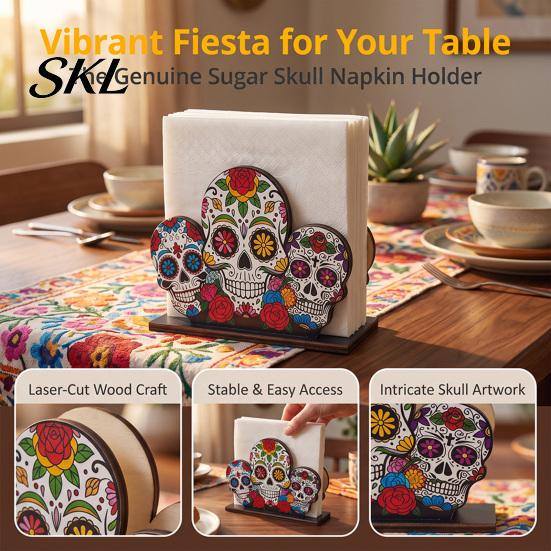 Table Paper Towel Stand Day of The Dead Wooden Skull Napkin Holder, Decorative Floral Tissue Dispenser, Restaurant Decor Dia De Los Muertos Holder for