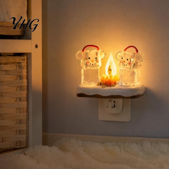 Festive Santa Bonfire Lamp Christmas Night Light, Claus Grandma Resin LED Soft Glowing Light for Kids Bedroom, Plug-in Ambient Lighting Home