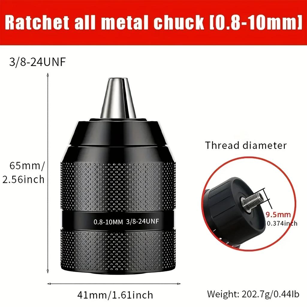 0.8-10mm Drill Chuck 3/8-24UNF Mount Self-tighten Drill Chuck for Multiple Purposes Hand Drill Chuck Black