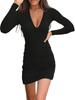 2025 European & American V-neck Long Sleeve Bodycon Dress, Black Solid Color, U-neck Long Dress ZK1126
