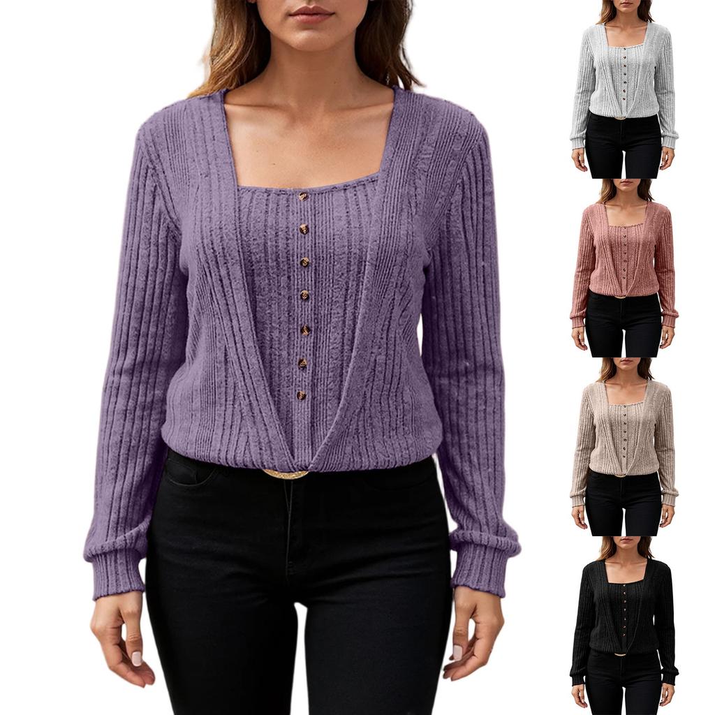 Women's Solid Color Button Top Slim Fit Long Sleeved T-shirt Top