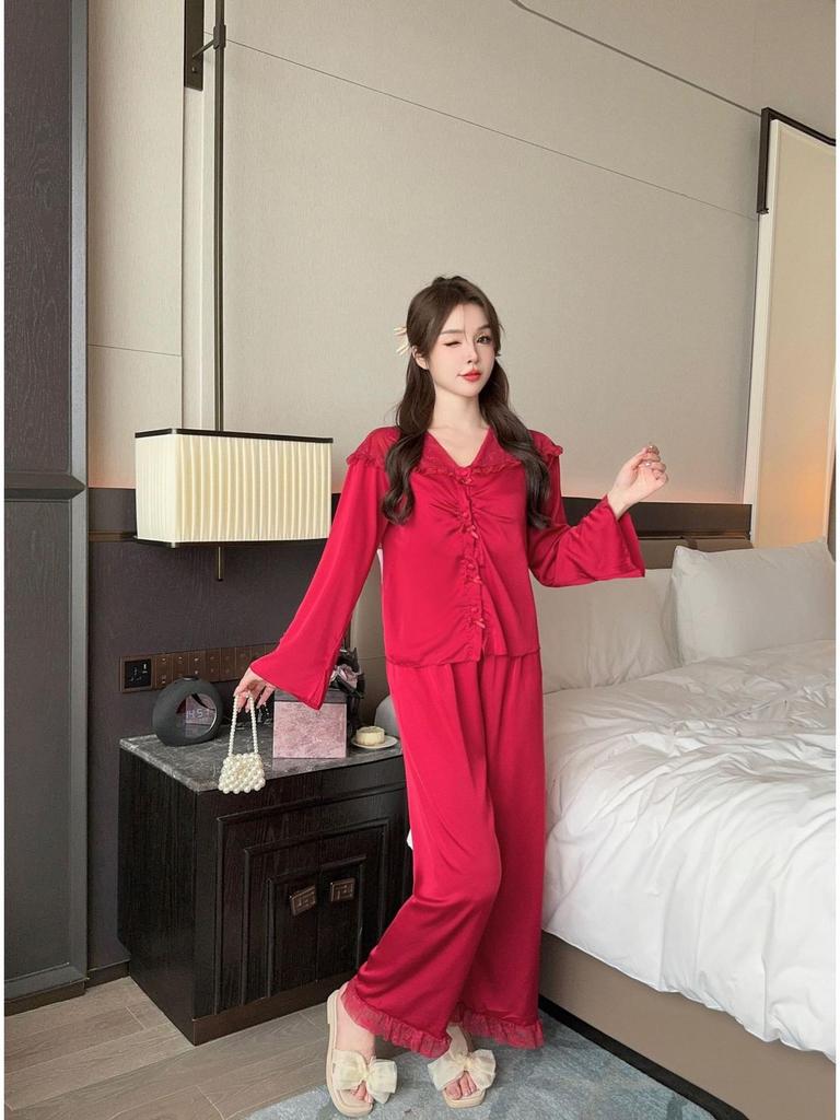 Атласная французская пижама 2025: Женский комплект домашней одежды из ледяного шелка с длинным рукавом и брюками, в милом стиле