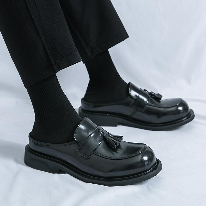 New Muller Shoes Men PU Tassel Decoration Low Heel Round Head Breathable Half Baotou Business Casual Shoes Large Size 38-46