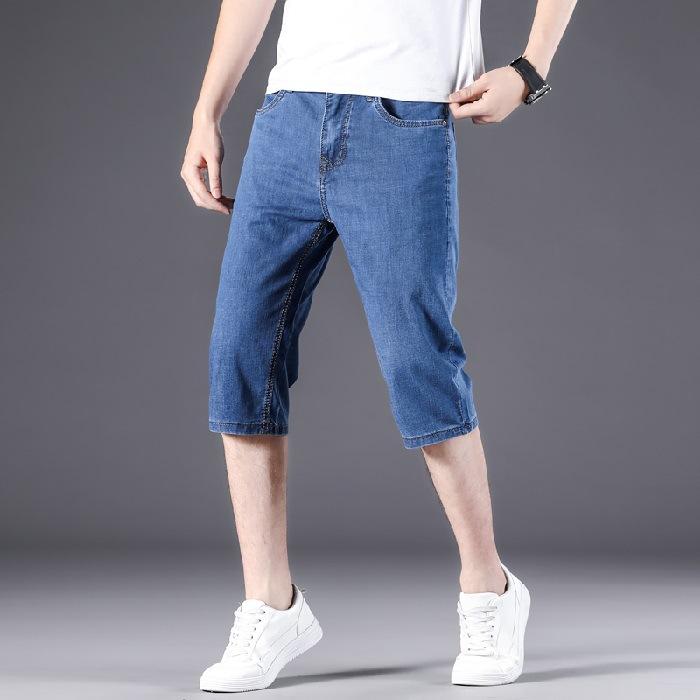 Summer Thin Dark Denim Shorts Men's Cropped Pants Loose Straight 7-point Denim