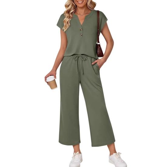 Комплект из двух предметов для женщин, летний, повседневный, matching, домашние комплекты, топ без рукавов с V-образным вырезом, брюки с широкими штанинами, наряды для отпуска и путешествий