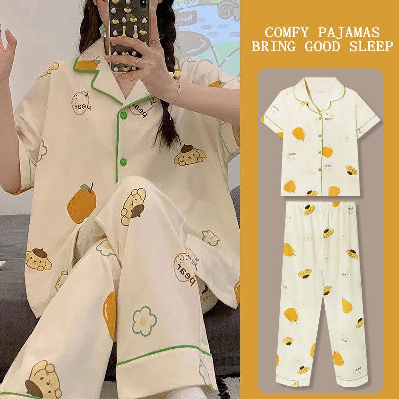 Japanese Kitty cat pajamas women's summer thin short-sleeved trousers loose plus size girl raw loungewear set