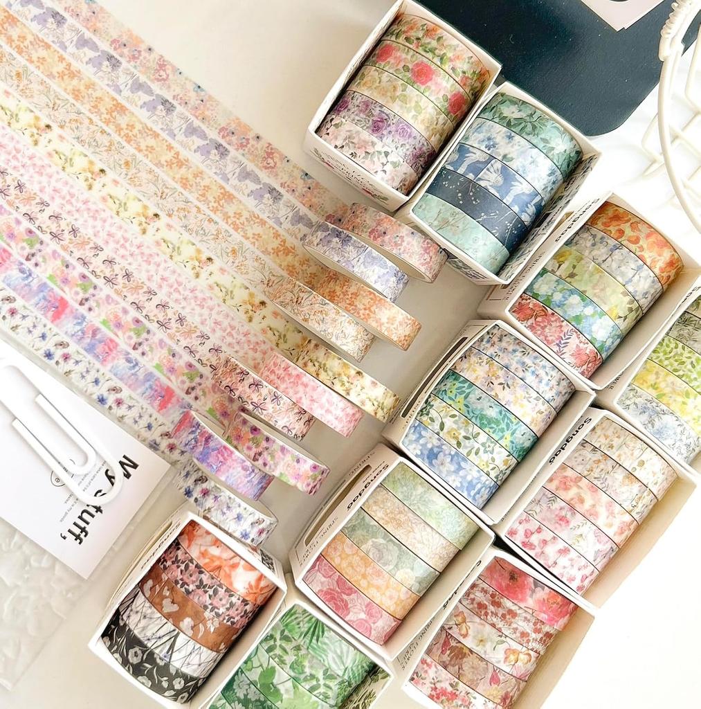 5rolls/pack Spring Flowers Romantic Series Washi Tapes Multi Color Floral Pattern Decorative Skinny Blooms Masking Tapes