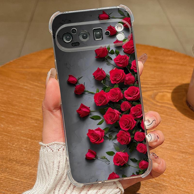 Чехол с узором из алых красных роз для Google Pixel 9 Pro XL 9A, противоударный, из ТПУ и силикона, прозрачный, мягкий