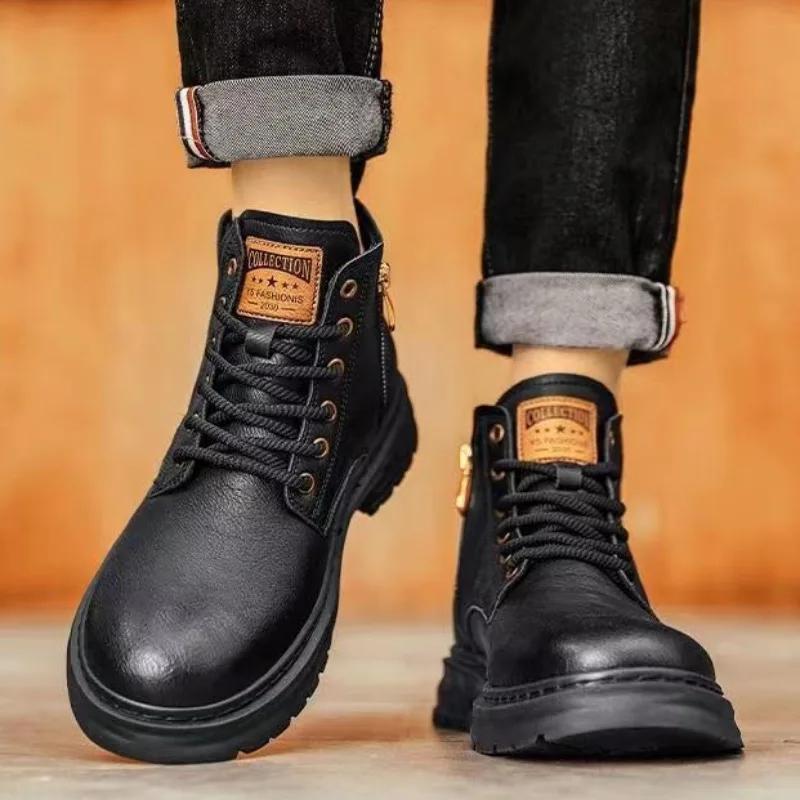 Мужские ботинки Модные мотоциклетные ботинки Высокие повседневные кожаные ботинки для мужчин Мягкие теплые зимние ботинки Ботинки на нескользящей платформе Botas