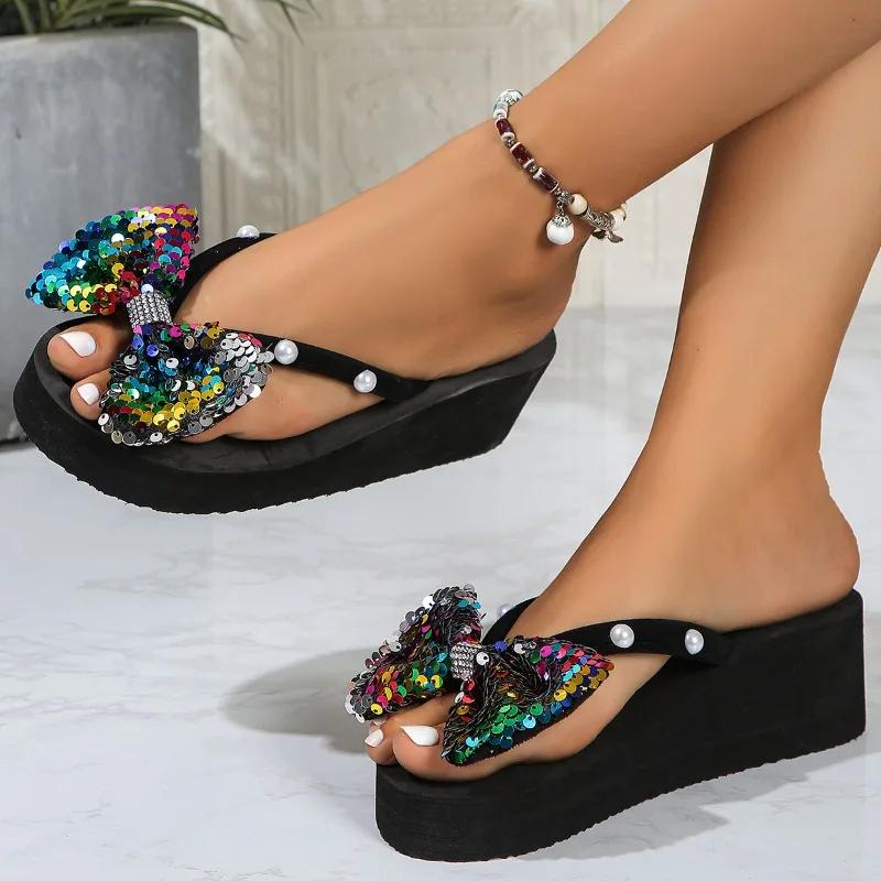 Мода 2024 года, женская обувь, большие размеры, женские тапочки, новые повседневные тапочки с блестками и бабочкой, женские летние тапочки на танкетке с бисером
