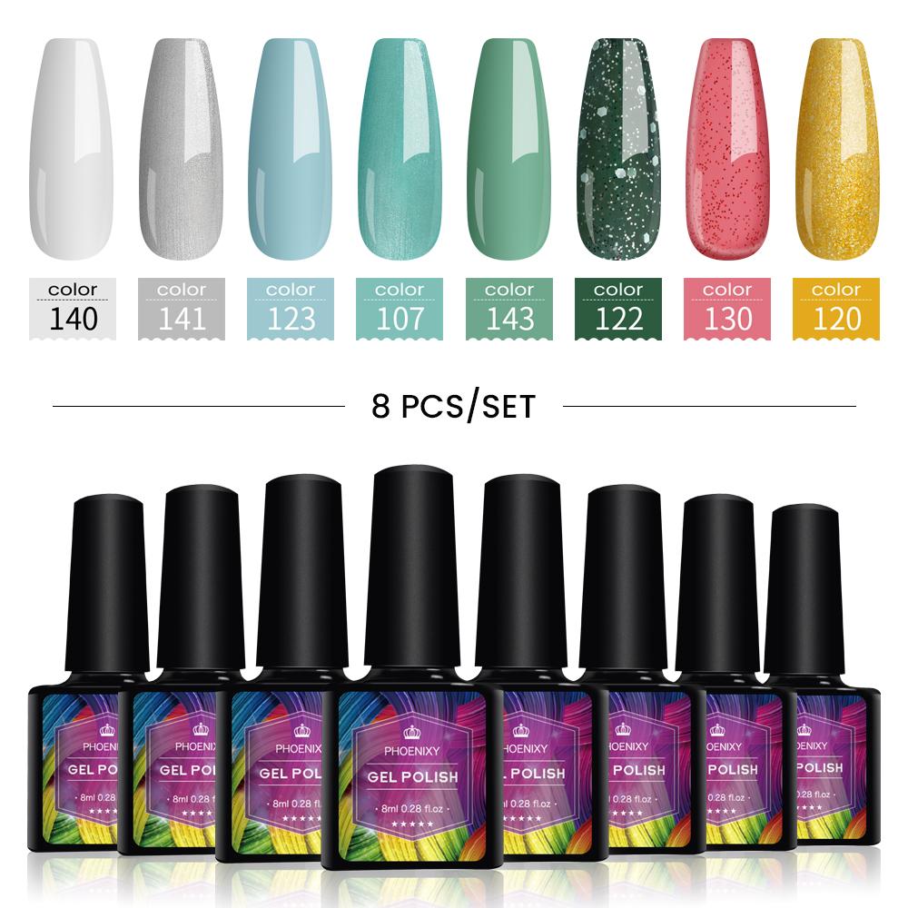 PHOENIXY 8 мл набор гель-лаков для ногтей 8 цветов УФ-гель-лак для ногтей стартовый набор Soak Off блестящий блестящий гель-лак для ногтей набор лаков для ногтей подарки маникюрный набор