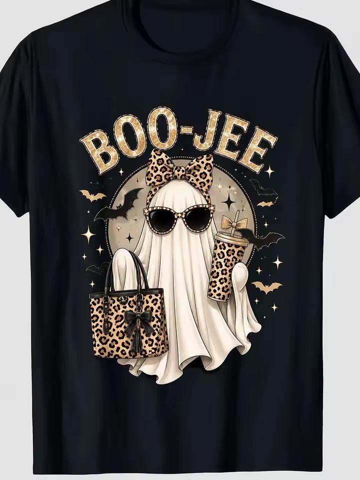 Man Womens TShirt Charm Leopard Ghost Coffee Boo JEE Halloween Boujee Ghost T-Shirt