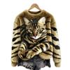 Womens Crew Neck Fleece Sweatshirt With 3D Digital Print Tiger Cat Soft Plush Warm Oversized Hoodie