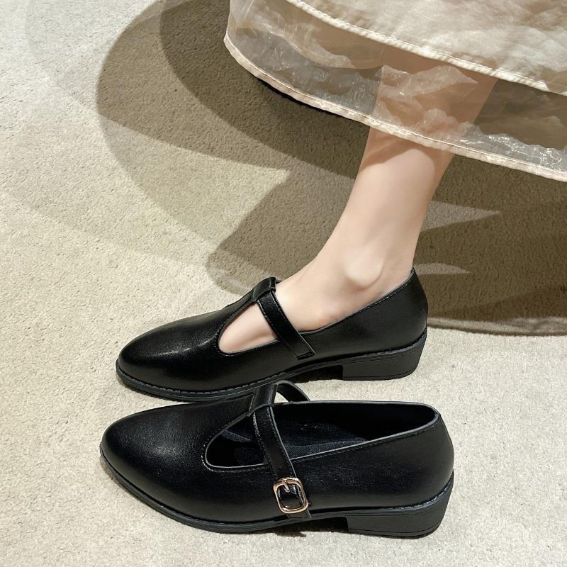 Весна Осень Новые женские мокасины Повседневные туфли с острым носком и неглубоким носком на низком каблуке Черные туфли Мэри Джейн с пряжкой на ремне для женщин