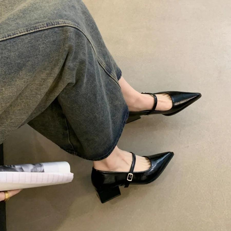 Женские туфли Мэри Джейн в стиле ретро, новые, с острым носком и толстым каблуком, женские одинарные туфли, удобные офисные туфли-лодочки, обувь