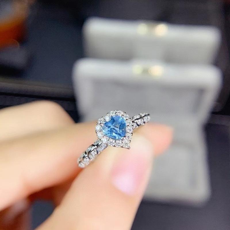 POMOiii Temperament Delicate Heart Blue Shaped Rings For Women Zircon Engagement Party Fine Jewelry Gift