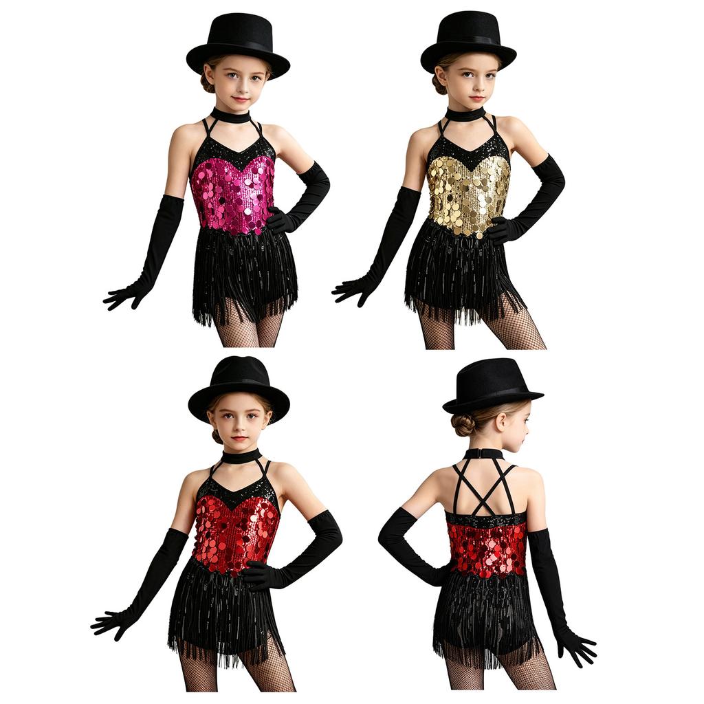 Girls Tassels Latin Dance Dress Halter Sleeveless Strappy Sparkling Sequins Fringed Dress Stage Gloves