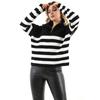 Women's Striped Oversize Cut Zippered Knitwear Sweater Black
