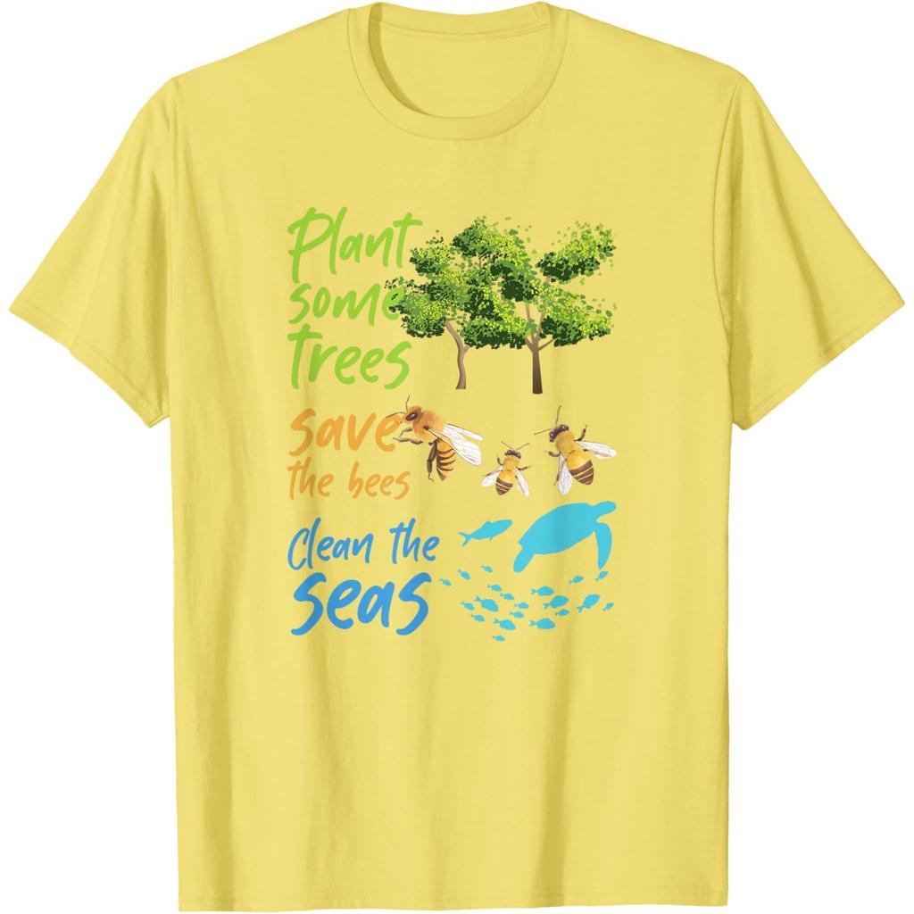 Plant Trees Save Bees Clean Seas Turtle Graphic Cotton T-Shirt Casual Crewneck Tee