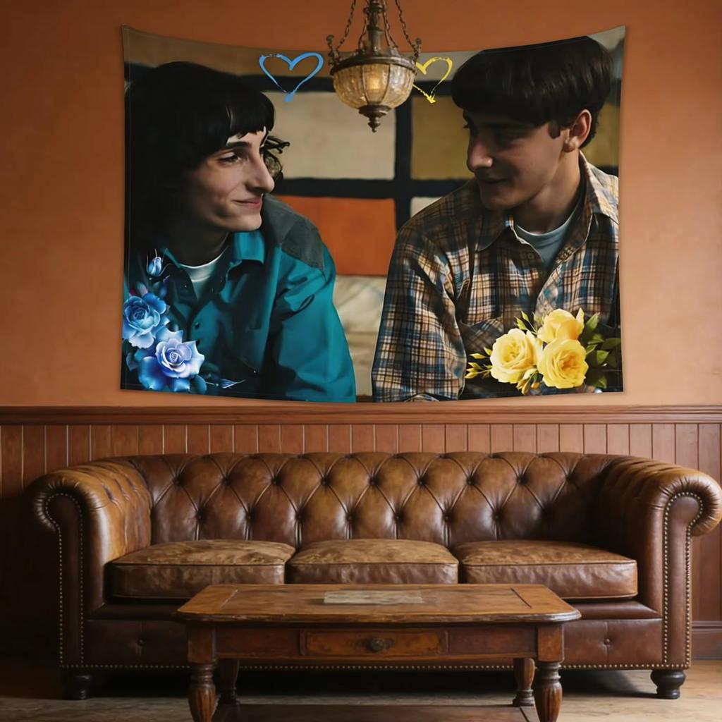 Byler Couple Official Fan Art Tapestry Retro Aesthetic with Floral Heart Accents for Stranger Things Shipper Room