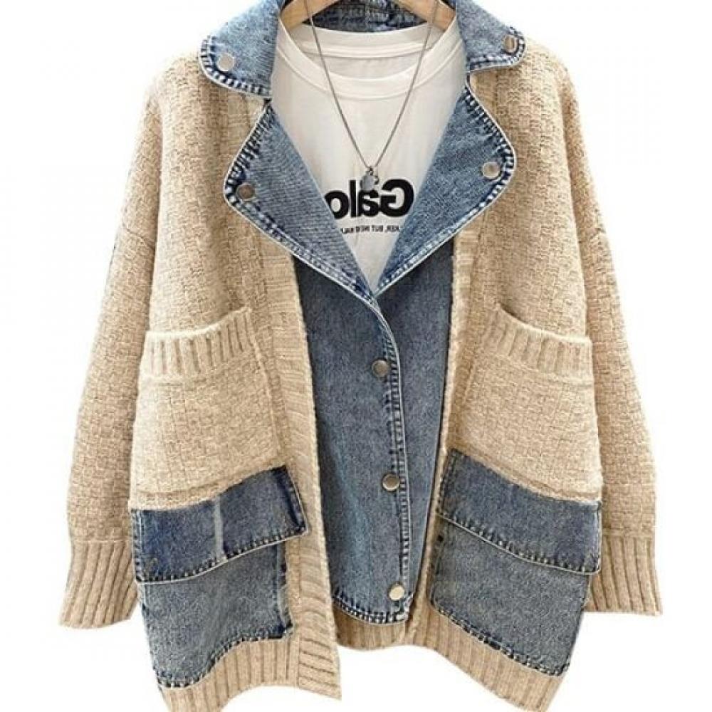 Rellawear Women Flanny Denim Layered Knit Jacket 2color 2410raw22